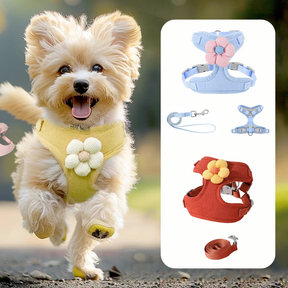 Breathable Dog Harness and Leash Set with Flower Design